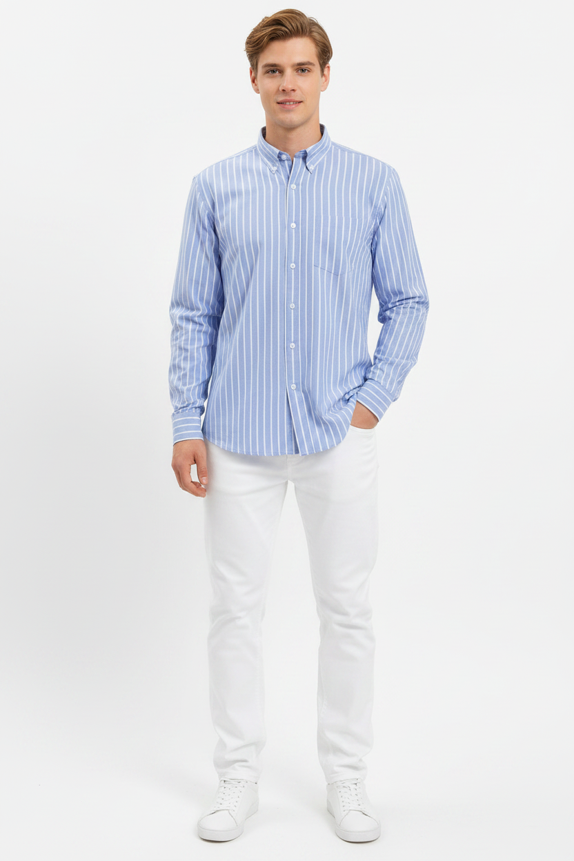 Bold Stripe Mandarin Collar Full Sleeve Shirt – Blue/White