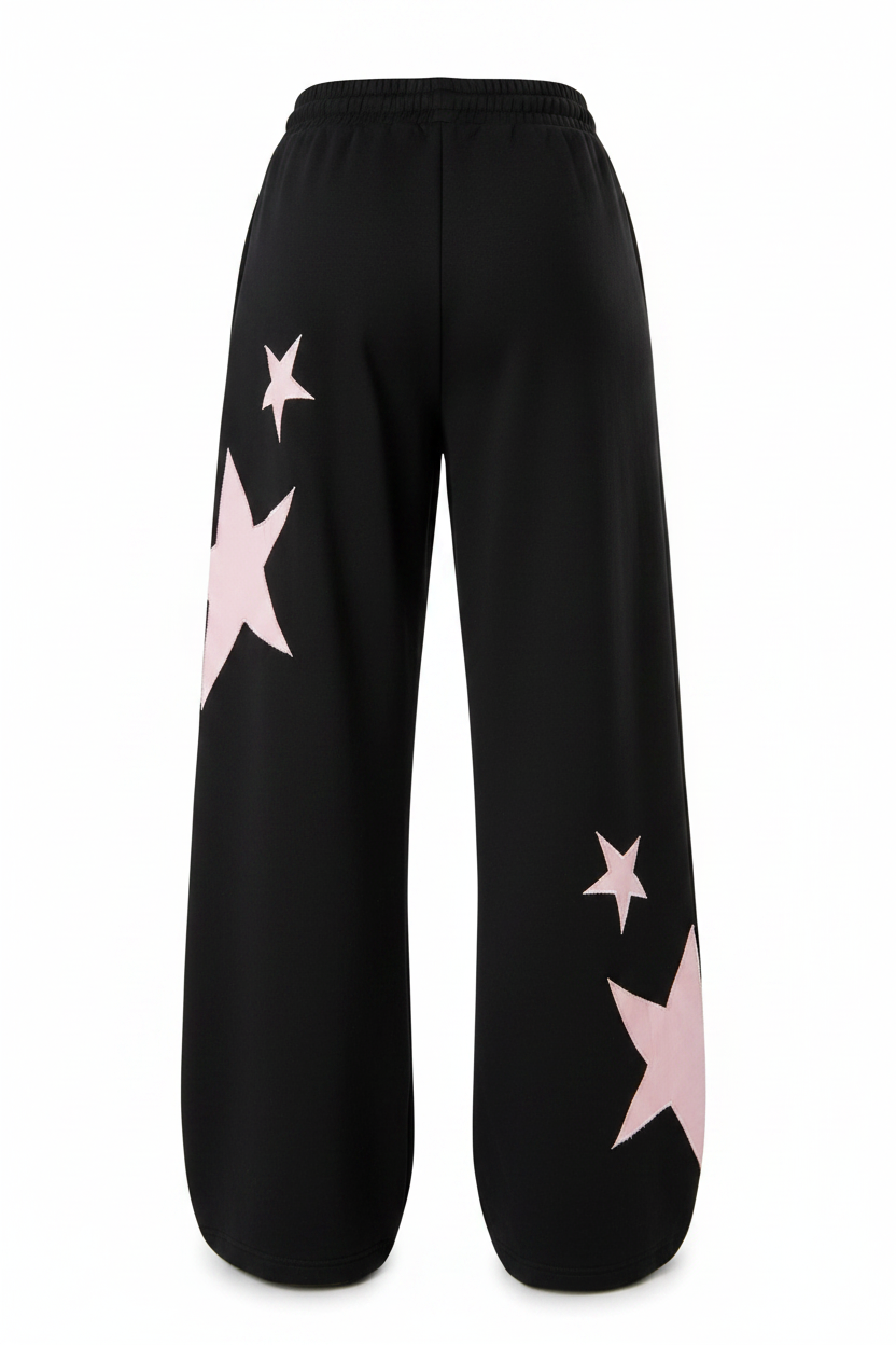 Pink Star Print Drawstring Wide-Leg Sweatpants