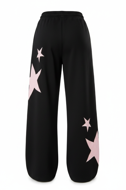 Pink Star Print Drawstring Wide-Leg Sweatpants