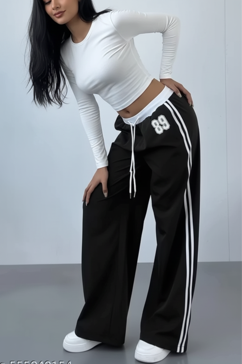 "89" Triple Stripe Contrast Waistband Wide-Leg Jogger