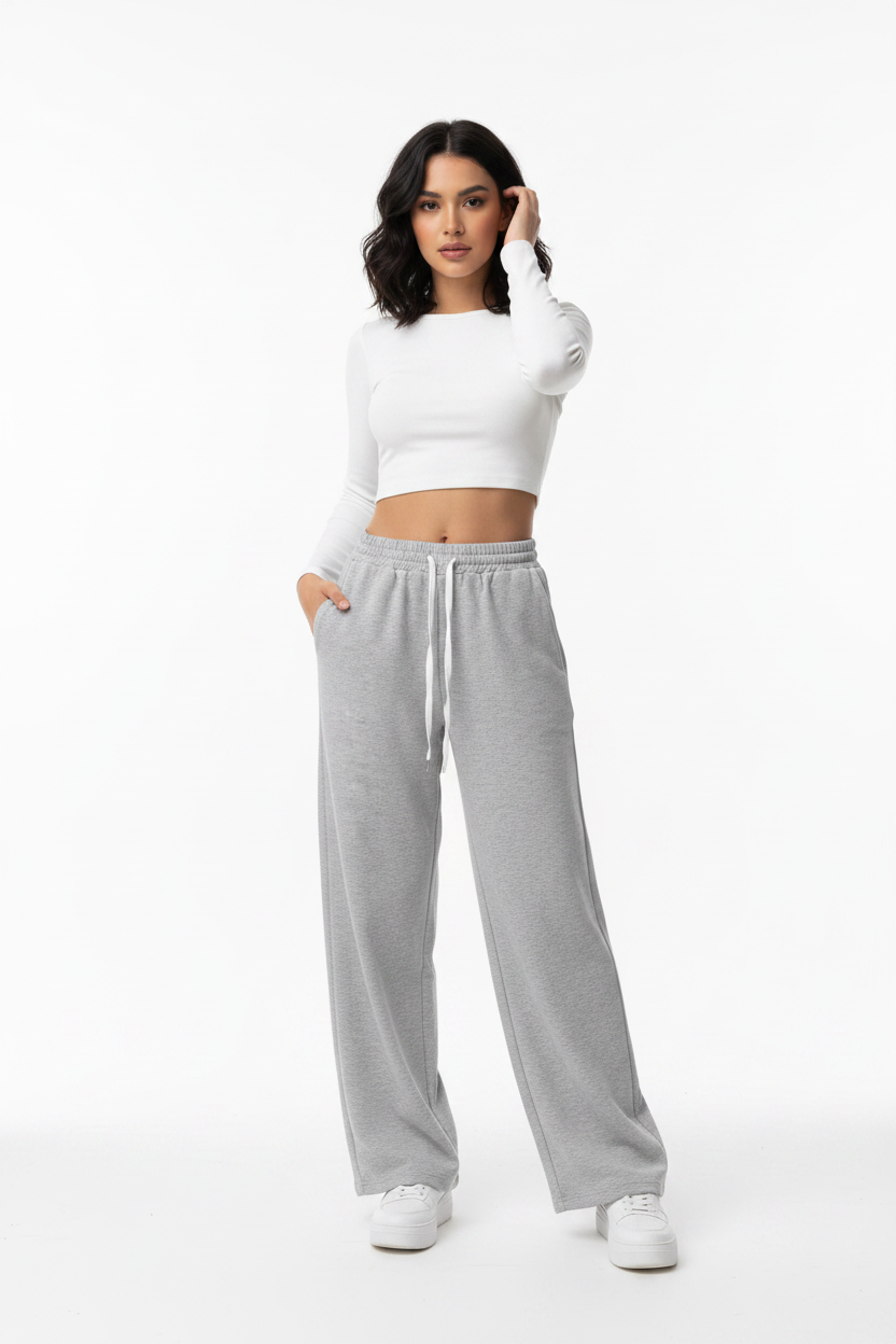 White Drawstring High-Waist Wide-Leg Fleece Jogger