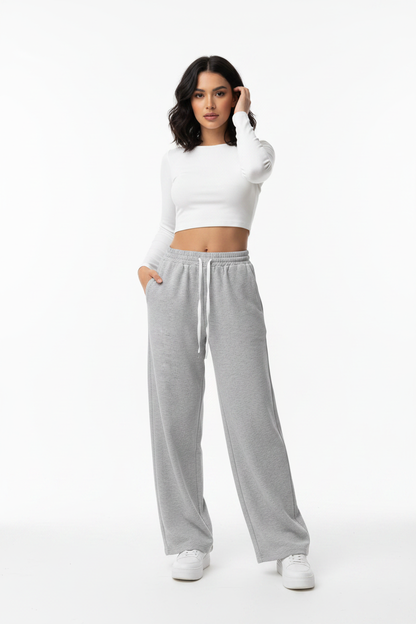 White Drawstring High-Waist Wide-Leg Fleece Jogger