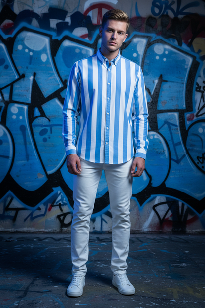 Bold Stripe Mandarin Collar Full Sleeve Shirt – Blue/White