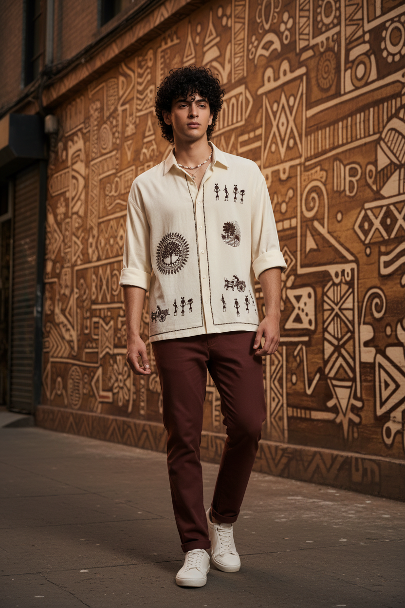 Warli Art Print Half Sleeve Shirt – Cream