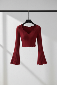 V-Neck Flare Sleeve Smocked Crop Top
