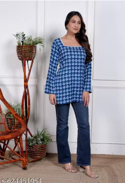 Indigo Peacock Booti Block Print Lace Trim Square Neck A-Line Short Kurti