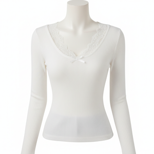 Trim Bow V-Neck Full Sleeve Top (White)