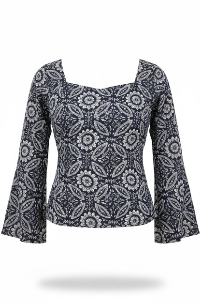 Navy Block Print Top - Ghost Mannequin Front