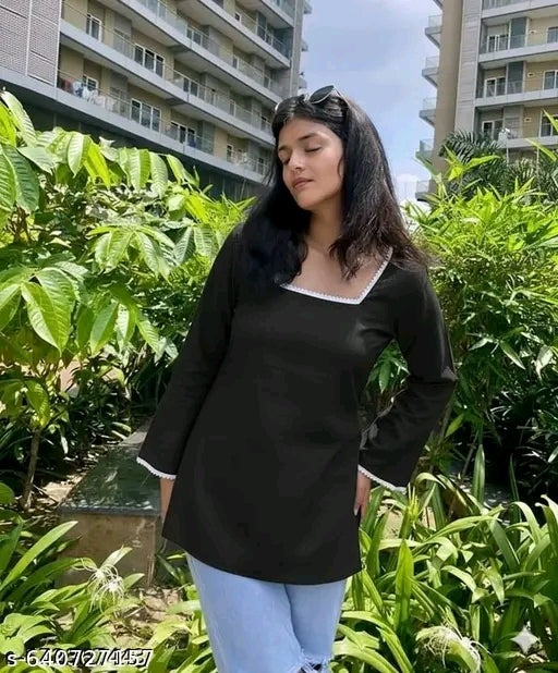 Black White Lace Trim Square Neck Bell Sleeve Side Slit Short Kurti