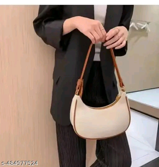 Cream & Tan Contrast Trim Crescent Zip Shoulder Bag