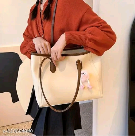 Cream & Tan Leather Trim Structured Tote Bag with Pompom Charm