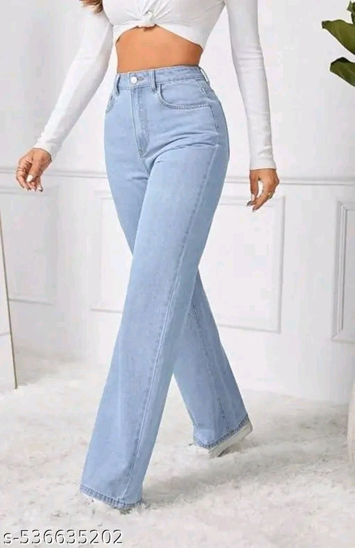 Ice Blue High-Waist Wide-Leg Raw Hem Stretch Denim Jeans