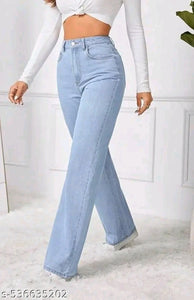 Ice Blue High-Waist Wide-Leg Raw Hem Stretch Denim Jeans