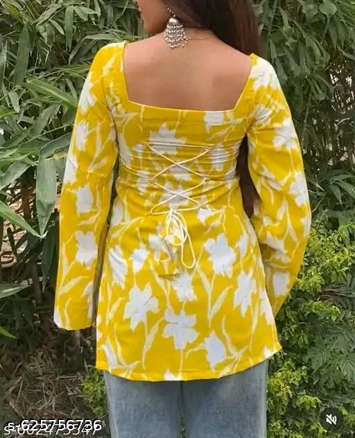 Yellow Floral Corset Lace-Back Bell Sleeve Square Neck Mini Kurti