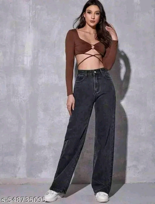 Smoky Black High-Waist Baggy Wide-Leg Washed Denim Jeans