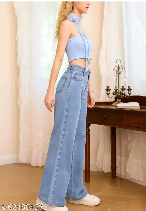 Cornflower Blue High-Waist Wide-Leg Straight Denim Jeans