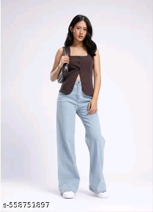 Ice Blue High-Waist Wide-Leg Denim Jeans