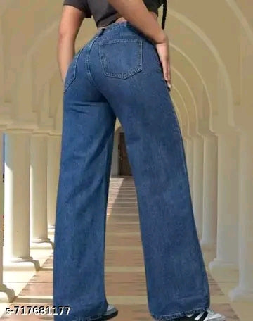 Mid Blue High-Waist Wide-Leg Straight Denim Jeans