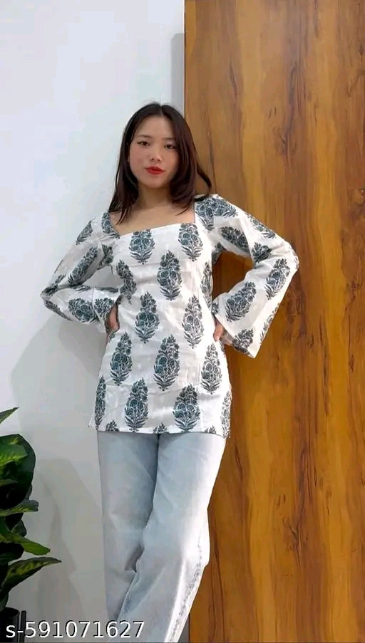 White Indigo Mughal Bouquet Block Print Bell Sleeve Square Neck Short Kurti