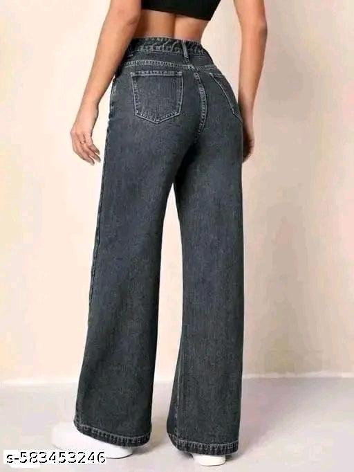 Grey Wash High-Waist Wide-Leg Straight Denim Jeans