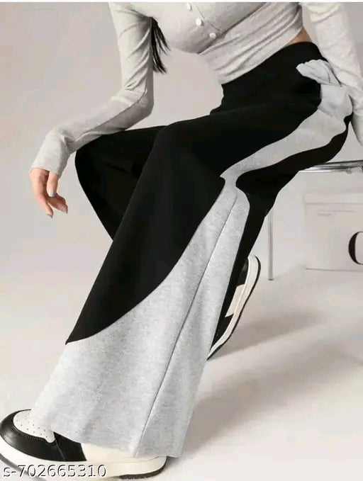 Black & Grey Abstract Colorblock Flare Wide-Leg Joggers