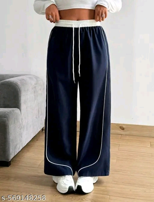 White Piping Contrast Waistband Wide-Leg Jogger