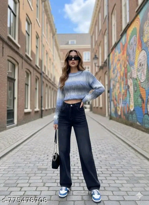 Faded Black High-Waist Wide-Leg Straight Denim Jeans