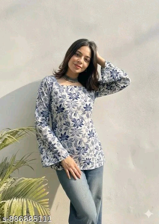 White & Navy Blue Floral Bell Sleeve Square Neck Fitted kurti