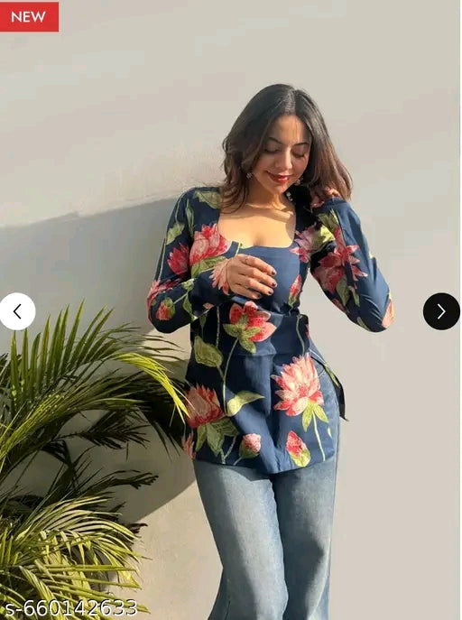 Navy Lotus Bloom Side Tie Bell Sleeve Square Neck Peplum Kurti
