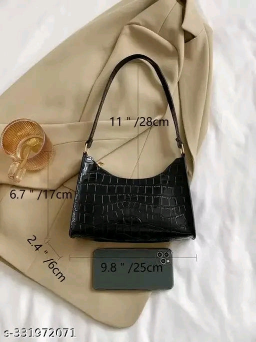 Croc Embossed Glossy Baguette Shoulder Bag