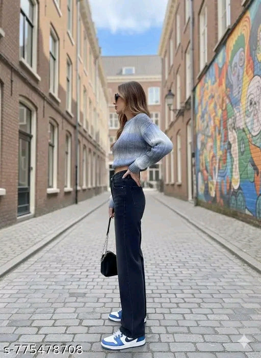 Faded Black High-Waist Wide-Leg Straight Denim Jeans