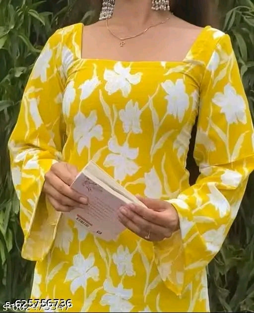 Yellow Floral Corset Lace-Back Bell Sleeve Square Neck Mini Kurti