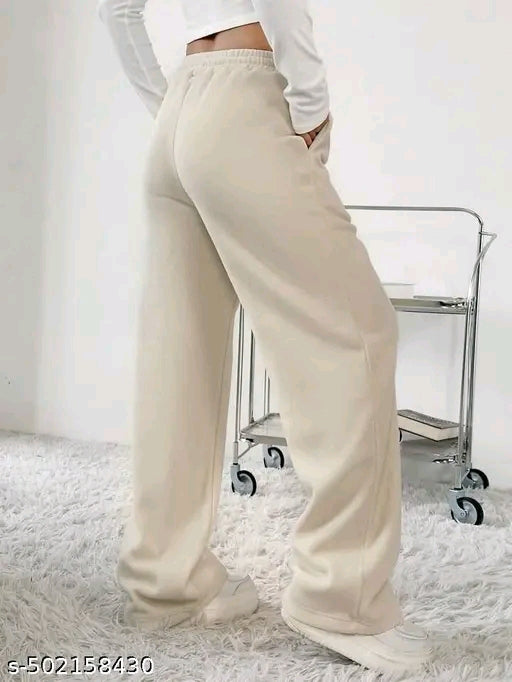 Cream Drawstring High-Waist Wide-Leg Fleece Jogger