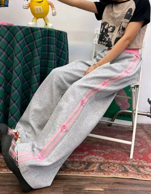Pink Bow Ribbon Side Stripe Coquette Wide-Leg Jogger
