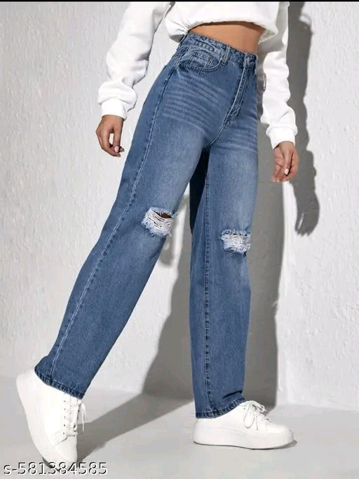 Blue Ripped Knee Baggy Denim Jeans