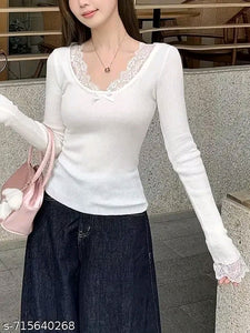 Trim Bow V-Neck Full Sleeve Top (White)