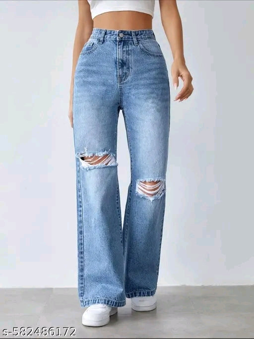 Sky Blue Ripped Knee Baggy Denim Jeans