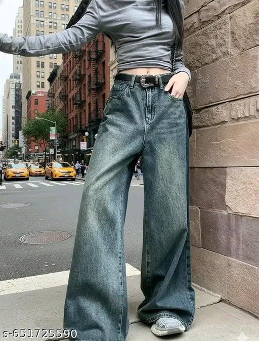Dark Vintage Wash Baggy Wide-Leg Denim Jeans