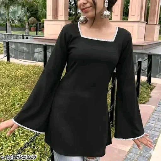 Black White Lace Trim Square Neck Bell Sleeve Side Slit Short Kurti