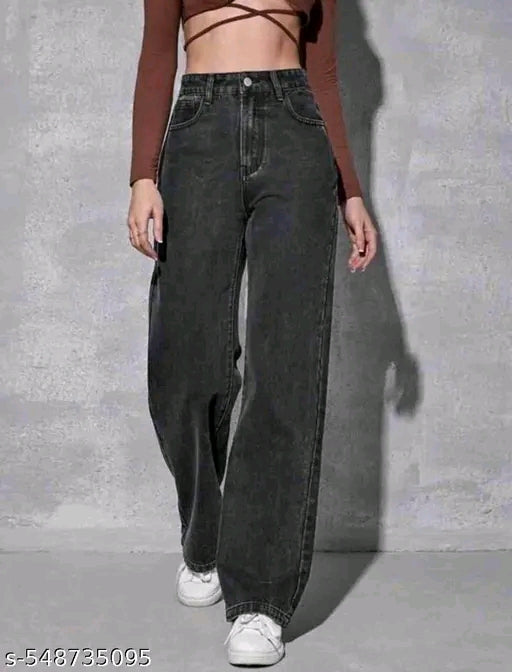 Smoky Black High-Waist Baggy Wide-Leg Washed Denim Jeans