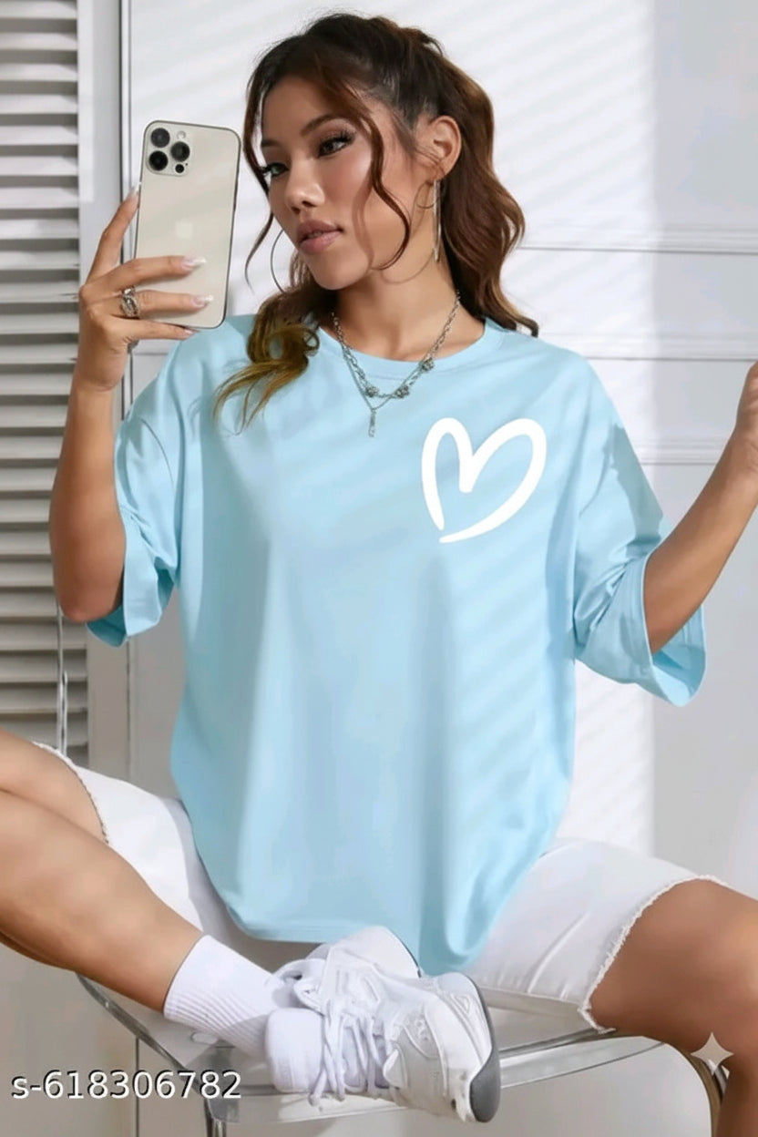 Heart Print Oversized T-Shirt – Sky Blue