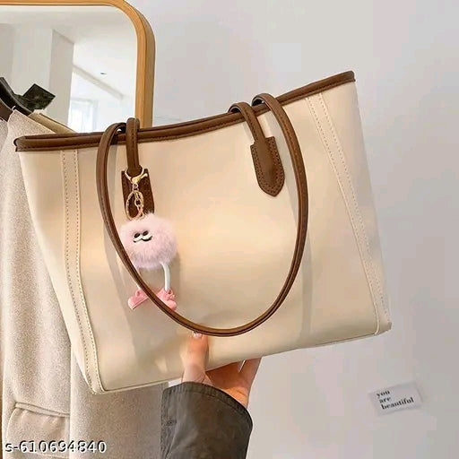 Cream & Tan Leather Trim Structured Tote Bag with Pompom Charm
