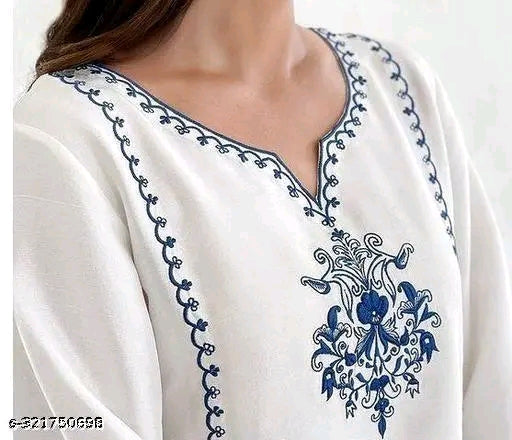 White Navy Mughal Embroidered Bell Sleeve Kurti