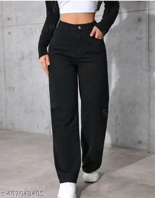 Jet Black High-Waist Wide-Leg Straight Denim Jeans