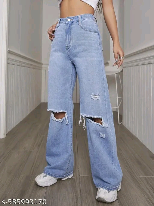 Ice Blue High-Waist Wide-Leg Double Ripped Knee Distressed Denim Jeans