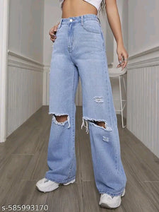 Ice Blue High-Waist Wide-Leg Double Ripped Knee Distressed Denim Jeans