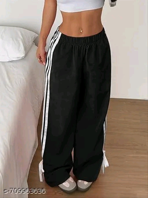 Triple White Stripe Ankle Tie Wide-Leg Track Pants