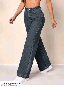 Grey Wash High-Waist Wide-Leg Straight Denim Jeans