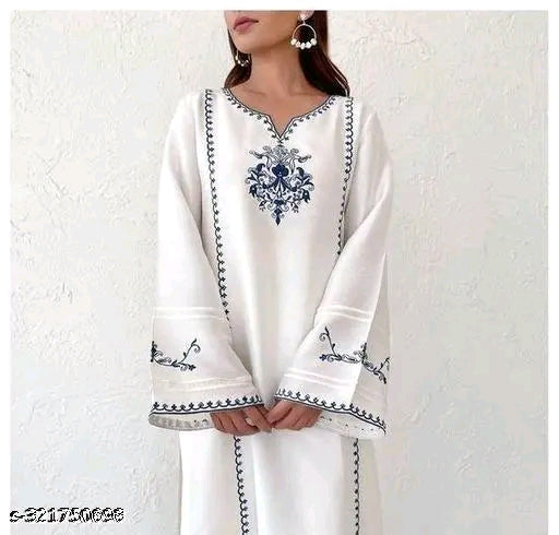 White Navy Mughal Embroidered Bell Sleeve Kurti