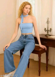Cornflower Blue High-Waist Wide-Leg Straight Denim Jeans